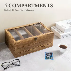 Custom Logo Clear Acrylic Flip Lid Carbonized Pine Wooden Storage Box With 4 Dividers