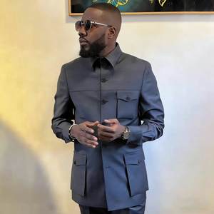 Completo <span class=keywords><strong>Safari</strong></span> Grigio per Uomo, Tinta Unita, Monopetto, Collo alla Coreana, Vestibilità Slim, Set 2 Pezzi Giacca e Pantaloni, <span class=keywords><strong>Abbigliamento</strong></span> Personalizzato per Matrimoni - Product Image 4