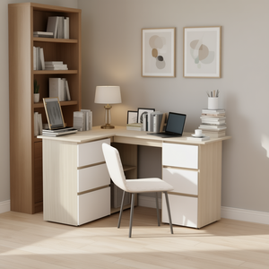 Bureau d'angle en bois d'ingénierie beige avec tiroirs de rangement, mobilier de bureau à domicile - Product Image 2