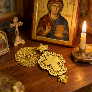 HT Orthodoxe Christelijke Kruis Hanger Verguld Liturgische Sieraden met Rood Blauw Kristal en Emaille Gesneden Rankpatroon - Product Image 5