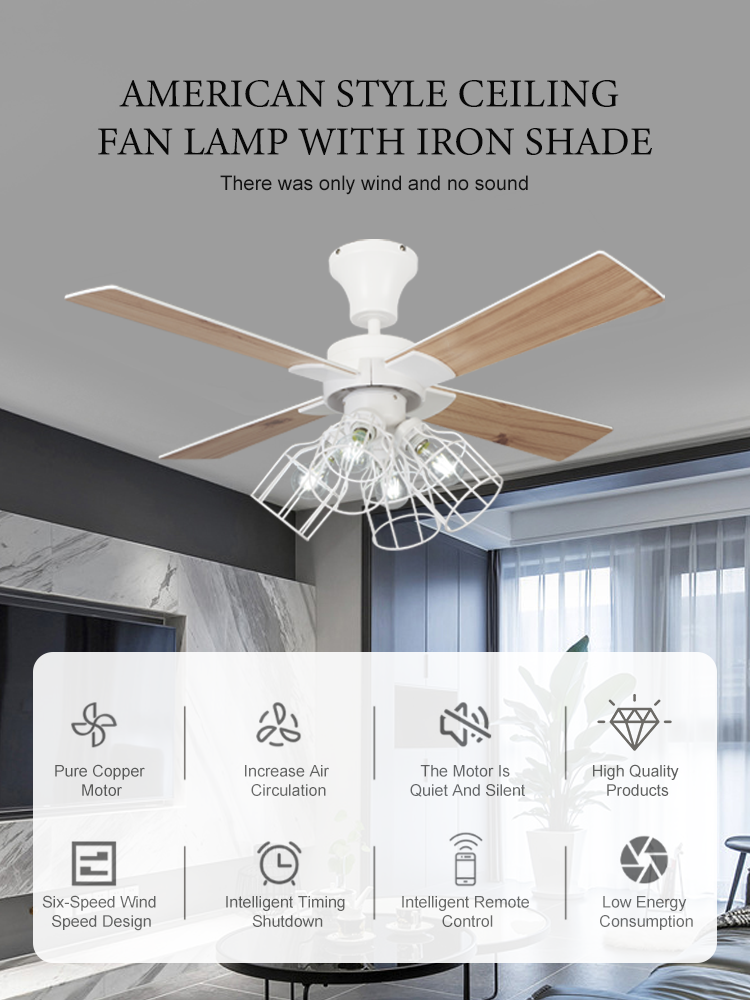 American ceiling fan lamp 42 inch wrought iron lamp all copper motor plywood 4 blade ceiling chandelier OEM factory