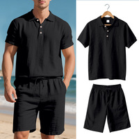 Ensemble de vêtements pour hommes de haute qualité, respirant pour l'été, en lin uni, polo à manches courtes et short à cordon de serrage