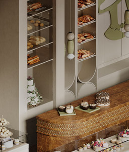 Pháp phong cách cao cấp Cửa hàng bánh trang trí nội thất kính hiển thị tủ tường kệ toàn bộ cửa hàng hiển thị đồ đạc một bước dịch vụ - Product Image 1