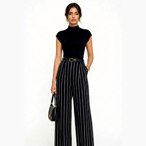 Women's Short Sleeve Turtleneck Top and Striped Wide Leg Pants <b>Set</b> with Belt - Product Image 1