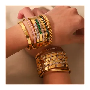 Best Selling Modern Gold Plated Bangles Design Colorful Cubic Zircon Water Resistant Cuff Bangles