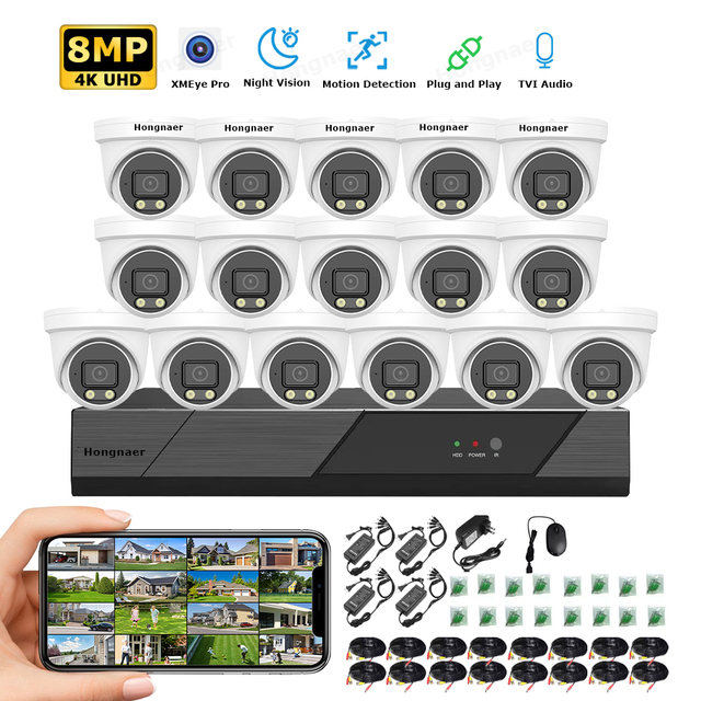 Hongnaer 2/5/8MP 4/8/16CH Dome AHD DVR Analog Surveillance CCTV Camera System Kit XMEye Pro ICSee 4K Wire Security Camera System