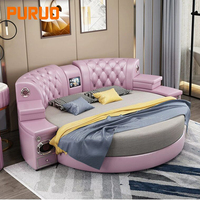 Nouveau design de meuble multifonctionnel intelligent Lit rond en cuir King size Lit rond en cuir moderne