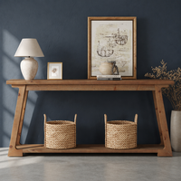 Table console moderne en bois massif écologique de 63 pouces de long, table de canapé à 2 niveaux avec rangement, meuble d'appoint étroit pour canapé