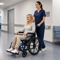 Fauteuil roulant léger de transport avec poignées pour soignant, frein à main et repose-pieds réglable pour usage en maison de retraite