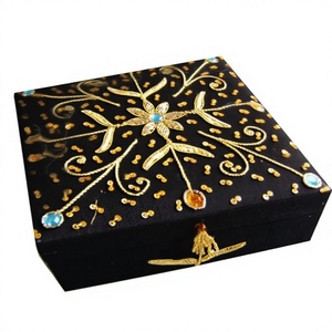 Square Hand Embroidered Velvet Decorative Jewelry Box 8"Wx8"Lx3"H Elegant Gift Storage Solution for Your Beloved Pieces - Product Image 1