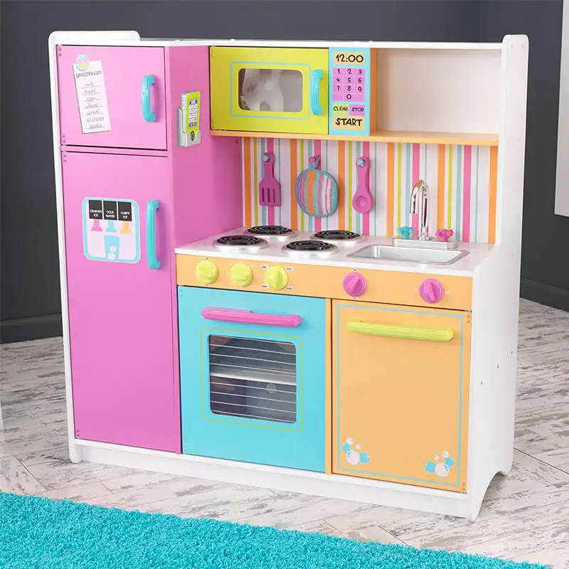 Set da cucina per bambini, finta cucina da gioco in legno, Icemaker a batteria, rubinetto e microonde rende il suono realistico e il bianco chiaro