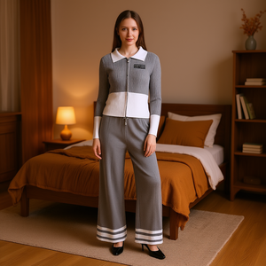 Yms185t Set Pigiama Lavorato a Maglia per Donna, Maniche Lunghe, Colletto Peter Pan, Lunghezza Intera, Morbido 100% Acrilico, Abbigliamento Casual Autunnale per Dormire - Product Image 2