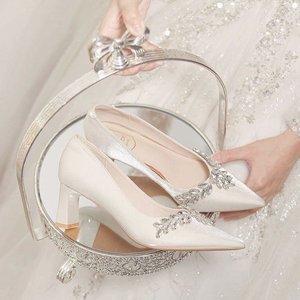 Spark Rhinestone <b>Satin</b> Party Heels Pointed Toe Block Heel Slip On Elegant Formal <b>Wedding</b> Bridal Footwear - Product Image 4