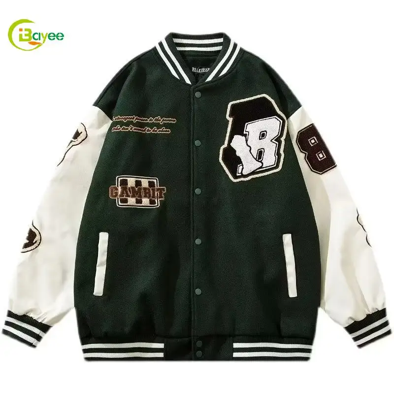 Wholesale Black And White Ladies Wool Body Leather Sleeves Varsity Jackets Mens Letterman Jacket With Leather Sleeves