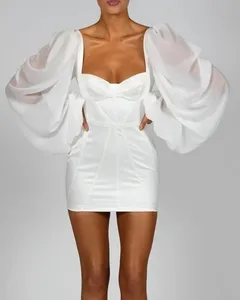 Белые женские элегантные модные сексуальные мини платья с длинным рукавом