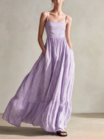 Robe longue tissée rayée pour femme, col carré, volants étagés, avec poches, taille haute, en lin, décontractée, pour l'été et la plage