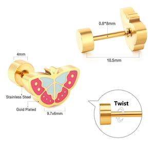 Boucles d'oreilles clous pour enfants et bébés, en acier inoxydable plaqué or 18 carats, motifs papillon, oiseau, pingouin, adorables et fantaisie - Product Image 6