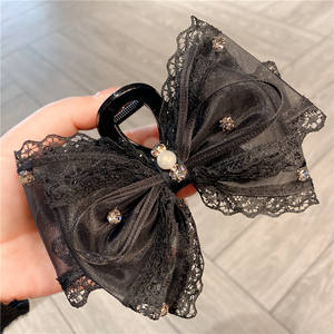 Pince à cheveux en dentelle française avec nœud, grande pince requin en tissu pour femmes, accessoires de coiffure de mariée - Product Image 4