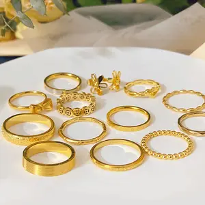 Real Gold Plated Tarnish Free Stainless Steel Rings Women Girl Bow Heart Flower Zircon Chain Ring Party Birthday Wedding Jewelry