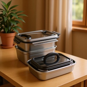 กล่องเก็บอาหารสแตนเลส 304 ทรงสี่เหลี่ยม ฝาปิดแบบหนีบ ปิดสนิท ใช้ในตู้เย็น มีหูหิ้ว พกพาสะดวก - Product Image 2