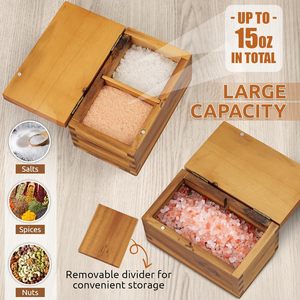 Boîte à sel en bois <span class=keywords><strong>d</strong></span>'acacia avec couvercle magnétique à clapet, grande capacité de 20 oz, boîte à sel pour le stockage des assaisonnements de cuisine, brun <span class=keywords><strong>naturel</strong></span> - Product Image 4