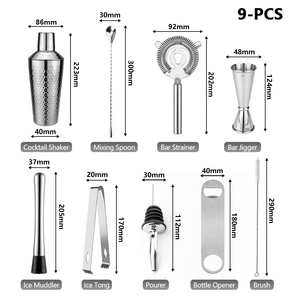 Kit de barman 9 pièces en acier inoxydable, outils de mélange de boissons, shaker à cocktails avec doseur, passoire, cuillère à mélanger, brosse - Product Image 2