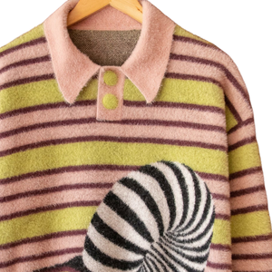 Mohair Shaggy Knitted <b>Striped</b> Polo <b>Shirt</b> Extra Soft Cozy Yarn Winter Fashion <b>Long</b> <b>Sleeve</b> Relaxed Fit Statement Knitwear - Product Image 5