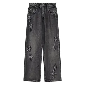 Mj206 hip hop thẳng chân của nam giới Baggy Jeans thời trang đường phố rửa đau khổ người đàn ông jeans