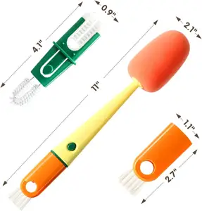 แปรงทําความสะอาดซิลิโคนและไนลอน 4 in 1 พร้อมด้ามจับยาวสําหรับขวดและถ้วยทุกขนาด
