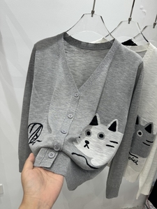 Sweter wanita pola Jacquard kartun kucing, kardigan kerah pita leher V, jaket dengan lengan panjang untuk musim gugur - Product Image 4