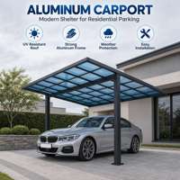 Auvent de voiture résidentiel extérieur avec panneaux de toit bleus et structure en aluminium foncé pour stationnement en allée