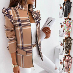 2025 <span class=keywords><strong>Plataforma</strong></span> independiente Artículo superventas: chaqueta <span class=keywords><strong>Blazer</strong></span> estampada con cremallera de manga larga con volantes para Otoño/Invierno para mujer - Product Image 1