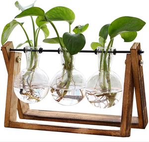 <span class=keywords><strong>Terrarium</strong></span> en verre <span class=keywords><strong>pour</strong></span> plantes de bureau - Vase à 3 bulbes avec support en bois massif rétro et support pivotant en métal - Product Image 1