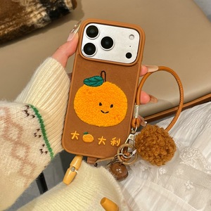 Coque de téléphone brodée orange porte-bonheur pour iPhone 17 16 15 14 13 12 11 Pro Max, résistante aux chutes, avec pompon en fourrure et cordon - Product Image 1