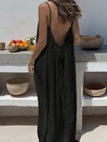 Robe longue décontractée en lin pour femme, à bretelles spaghetti, dos nu, unie, ample et fluide, idéale pour la plage et les vacances