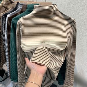 Women's Yarn Dyed Striped Long Sleeve Semi High Collar Base Shirt Soft Knit <b>Top</b> Daily Wear Autumn Winter Inner <b>Layer</b> - Product Image 2