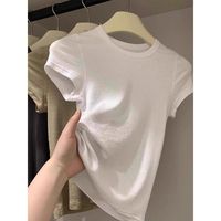 T-shirt blanc décontracté à épaules dénudées, col rond, manches courtes, couleur unie, tricoté 160g, pour femme, printemps 2025, coupe ajustée, flatteur pour la silhouette