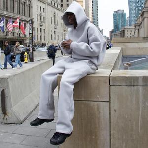 Chất Lượng Cao 600 GSM Trống Hoodie Thời Trang Đường Phố Nặng Lông Cừu Bông Cắt Quần Bó Sát Và Áo Đặt Tracksuit Người Đàn Ông - Product Image 2