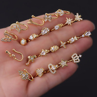Faux Piercing Clips d'Oreille et de Nez « YW » Tendance pour Femmes, Manchette, Bijoux de Corps, Bagues en Forme de Cœur, Étoile, Fleurs