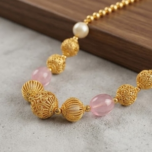 Collier Mala traditionnel en argent 925 avec pierres précieuses roses et perles, bijoux de créateur pour femmes - Product Image 4
