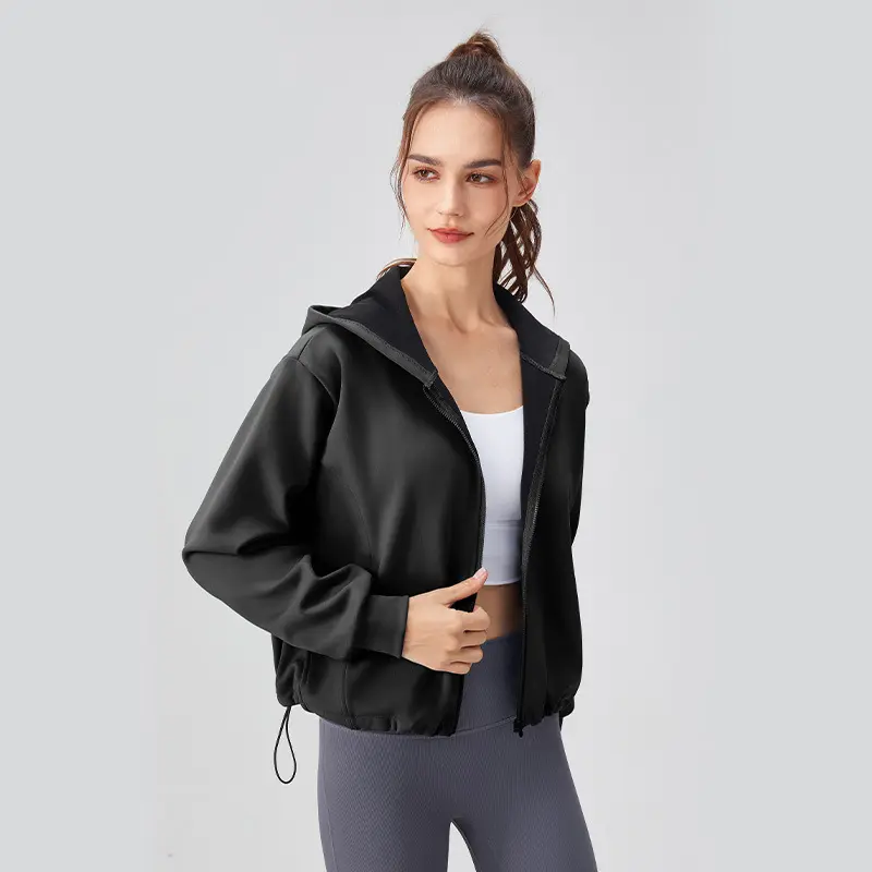 32623 Schlussverkauf Training Yoga Sport Boden Kordelzug winddicht Fitness-Kapuzenpullover mit Taschenfutter Plüsch-Fitnessdamenjacke