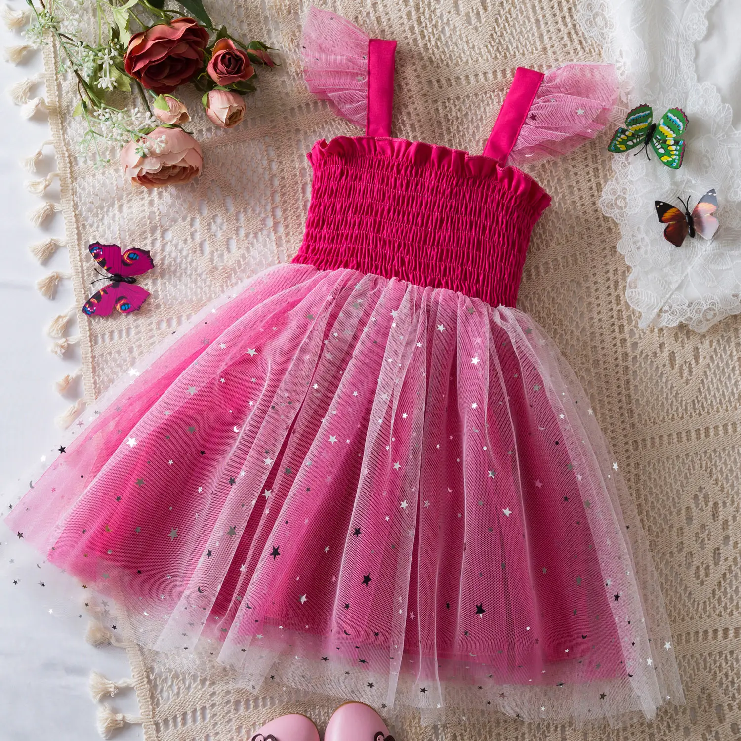 latest design kids clothing flying sleeves glitter mesh girls Spaghetti Strap casual dresses