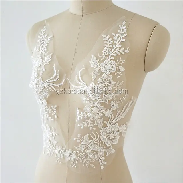 Beaded embroidered mesh bridal flower lace applique patch wedding bridal cotton patches