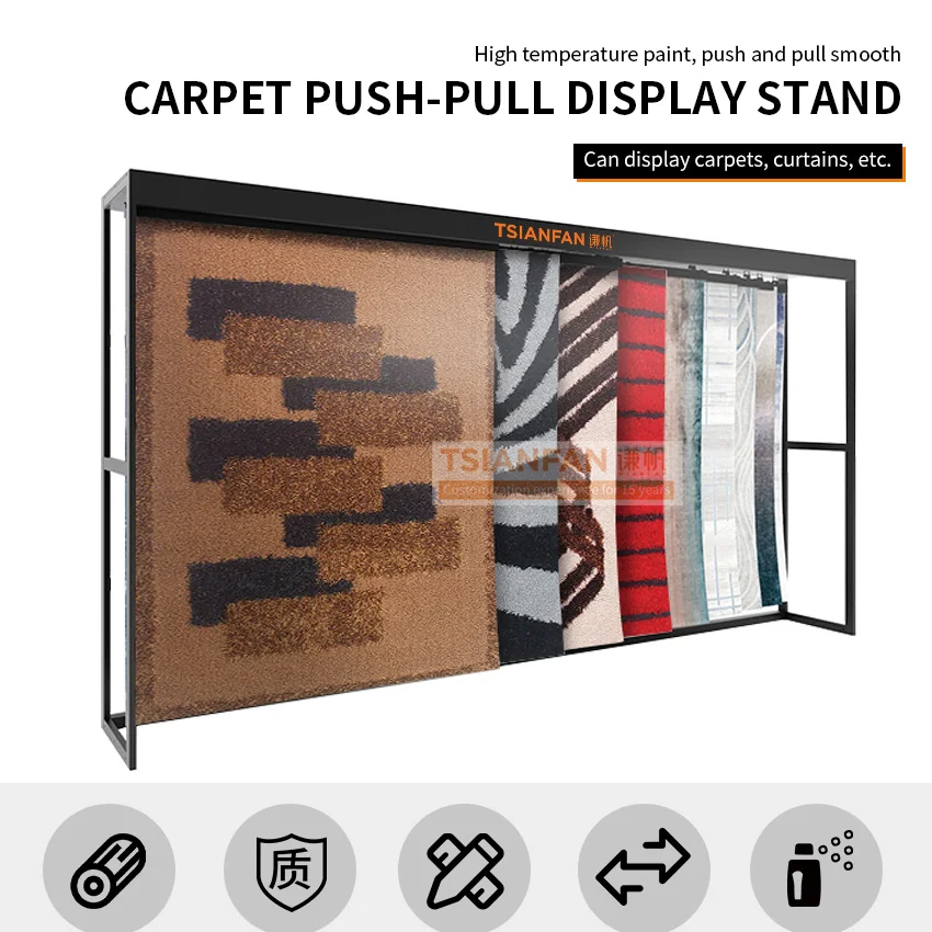 factory produced push pull rug showroom design free standing carpet sliding stand display rack