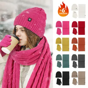 Winter Cashmere Knitted pure cashmere knitted glove hat scarf thick knitwear set