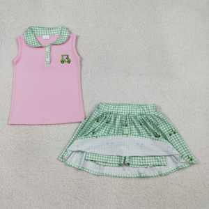 Ensemble 2 pièces respirant pour petites filles, motif chariot de golf décontracté, chemise et short, vêtements pour sœurs, en laine peignée - Product Image 4