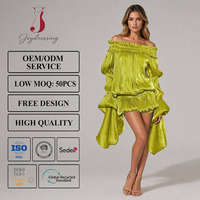 Robe Courte Plissée Métallisée Vert Citron Élégante Joydressing, Sexy, Épaules Dénudées, Manches Longues Évasées, Robes de Soirée, Vente en Gros