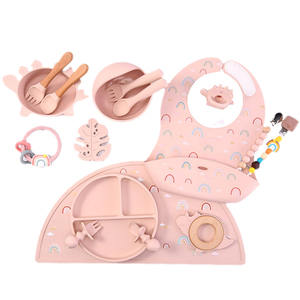 Vajilla de alimentación de silicona para niños aprendiendo <span class=keywords><strong>a</strong></span> <span class=keywords><strong>comer</strong></span> Tenedor de entrenamiento cuchara suministros para bebés babero de silicona juego de cuencos con ventosa - Product Image 1