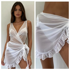 Women Sheer Mesh <b>Wrap</b> Cover Up Dress Ruffle Sleeveless Beach Sarong Sexy Swimsuit Coverups For Summer Vacation - Product Image 2