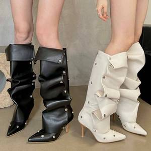 Removable Buttons Decorated Fashion Botas Para Mujer Thin Heel Knee High Denim <b>Boots</b> for Women Shoes - Product Image 2